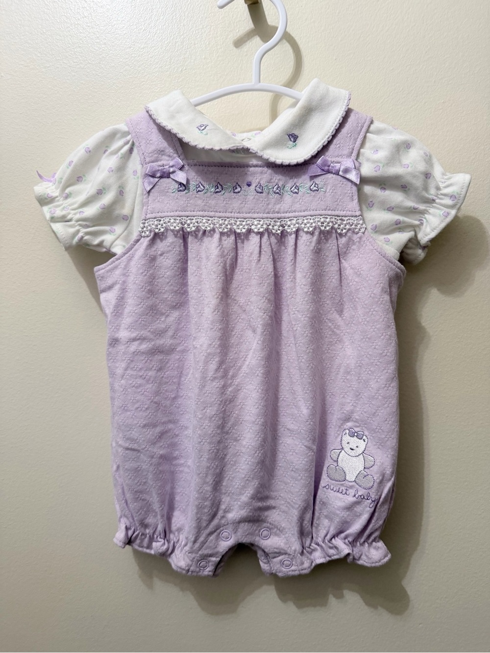 Vintage Y2K Pastel Purple Embroidered Overall Floral Bear Smocked Bubble Romper